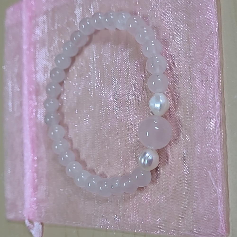 'Pure Love' Rose Quartz/Freshwater Pearl Beaded Bracelet Hand Crafted NWT
